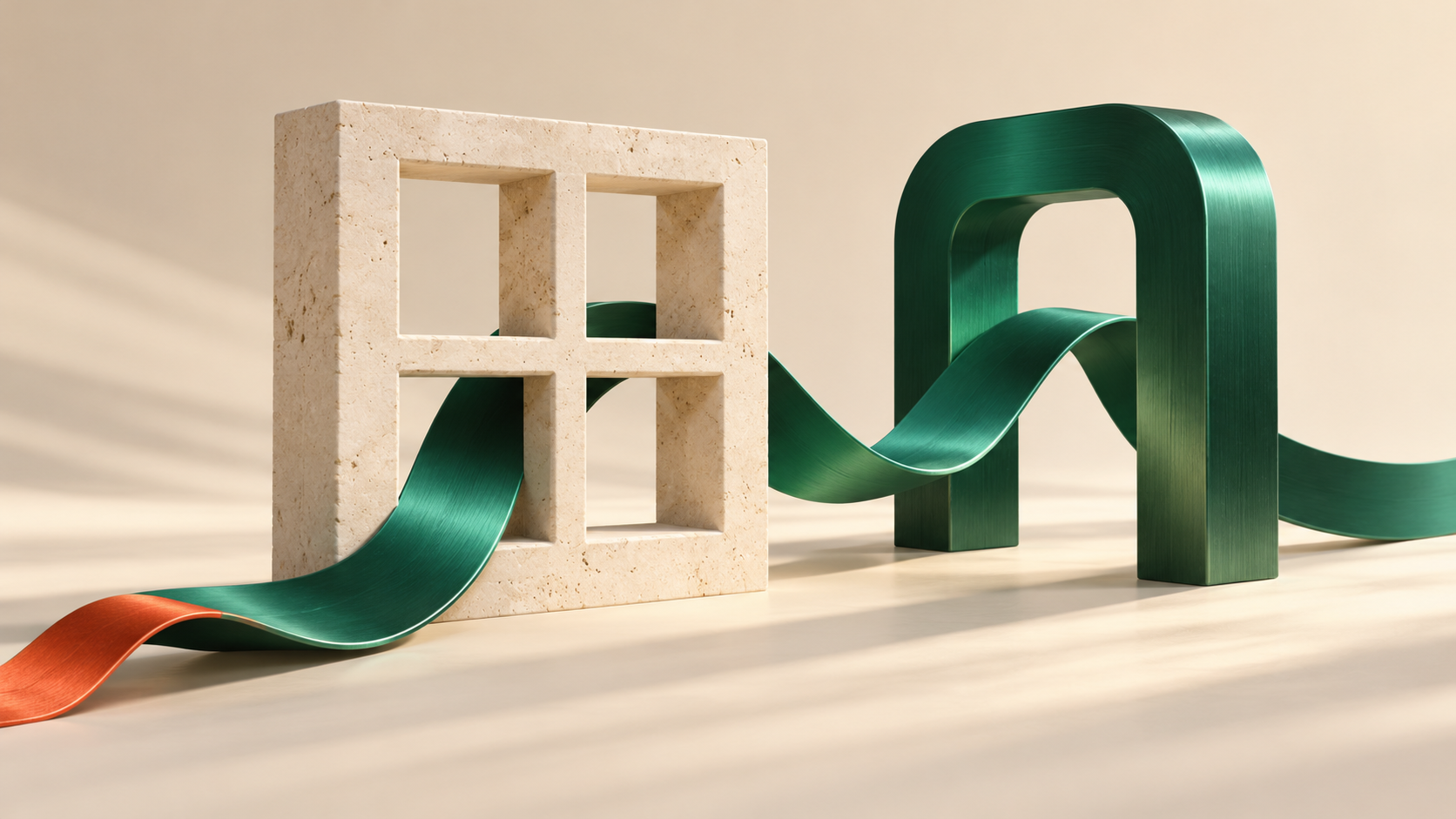 An emerald ribbon connects a stone window and a modern green arch, representing .NET Framework and modern .NET working together