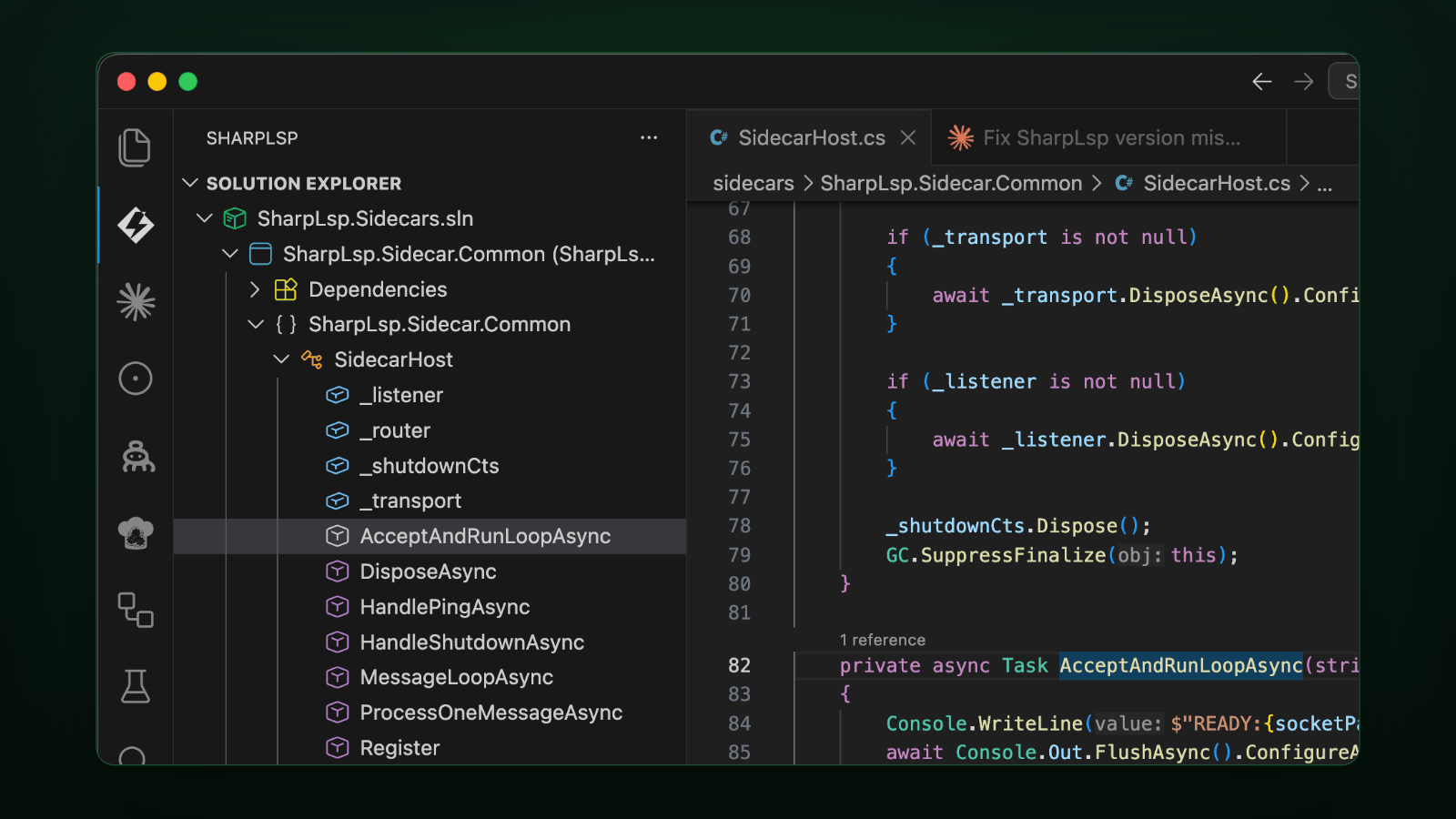 SharpLsp Solution Explorer showing a .NET solution, projects, dependencies and C# symbols next to Roslyn-highlighted code