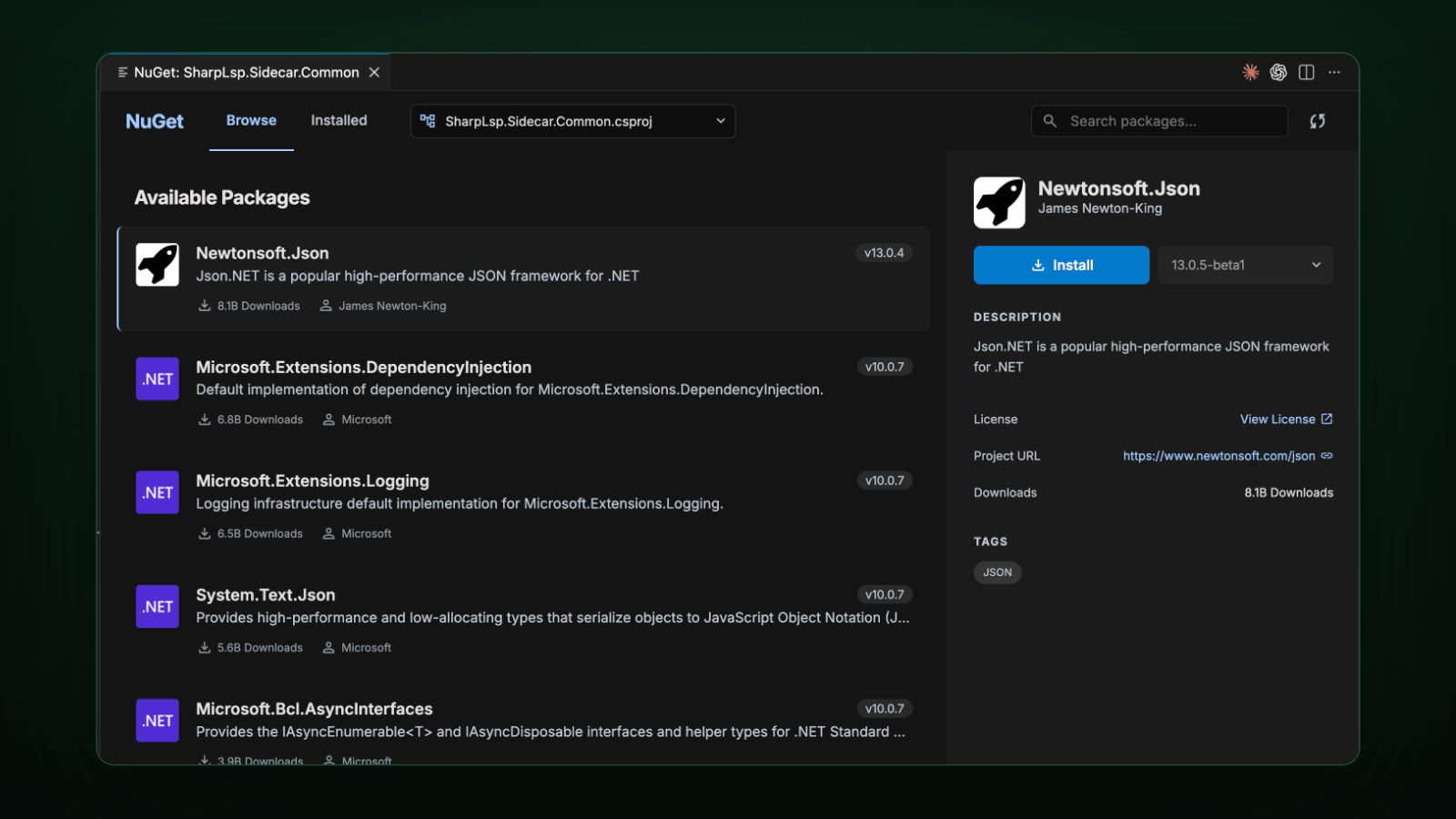 SharpLsp NuGet browser listing packages with download counts and a package details panel with an Install button