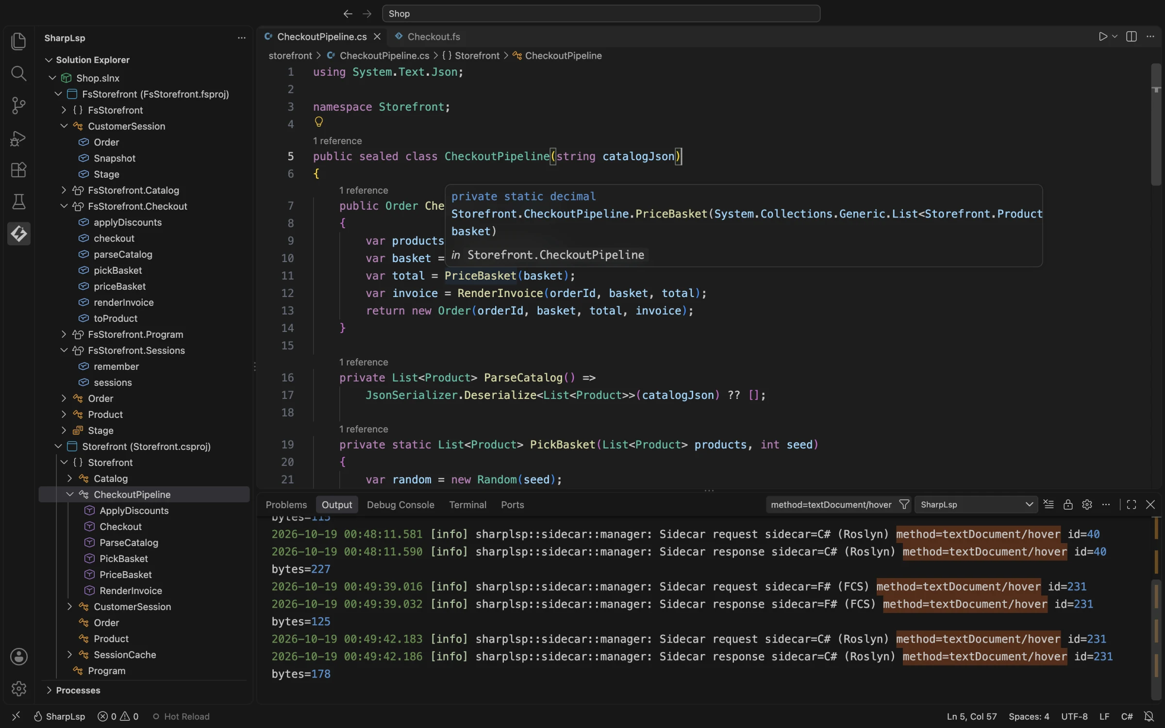 SharpLsp in VS Code with a C# hover open and the SharpLsp log filtered to hover requests: one went to the F# (FCS) sidecar, one to the C# (Roslyn) sidecar