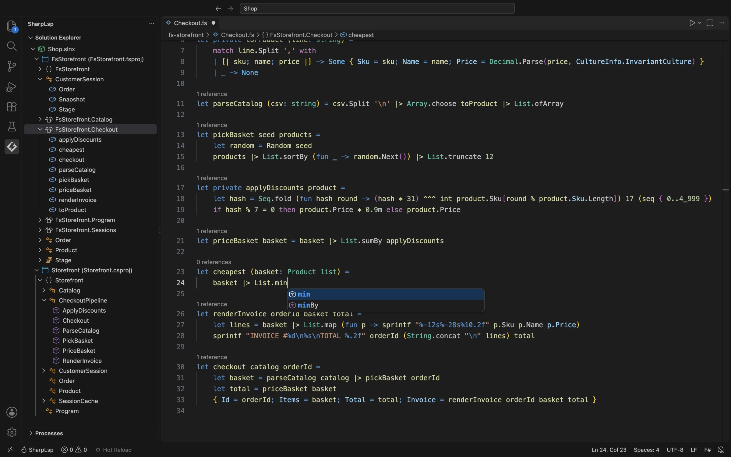 F# completion in Checkout.fs: basket |> List.min with min and minBy offered by the F# Compiler Service