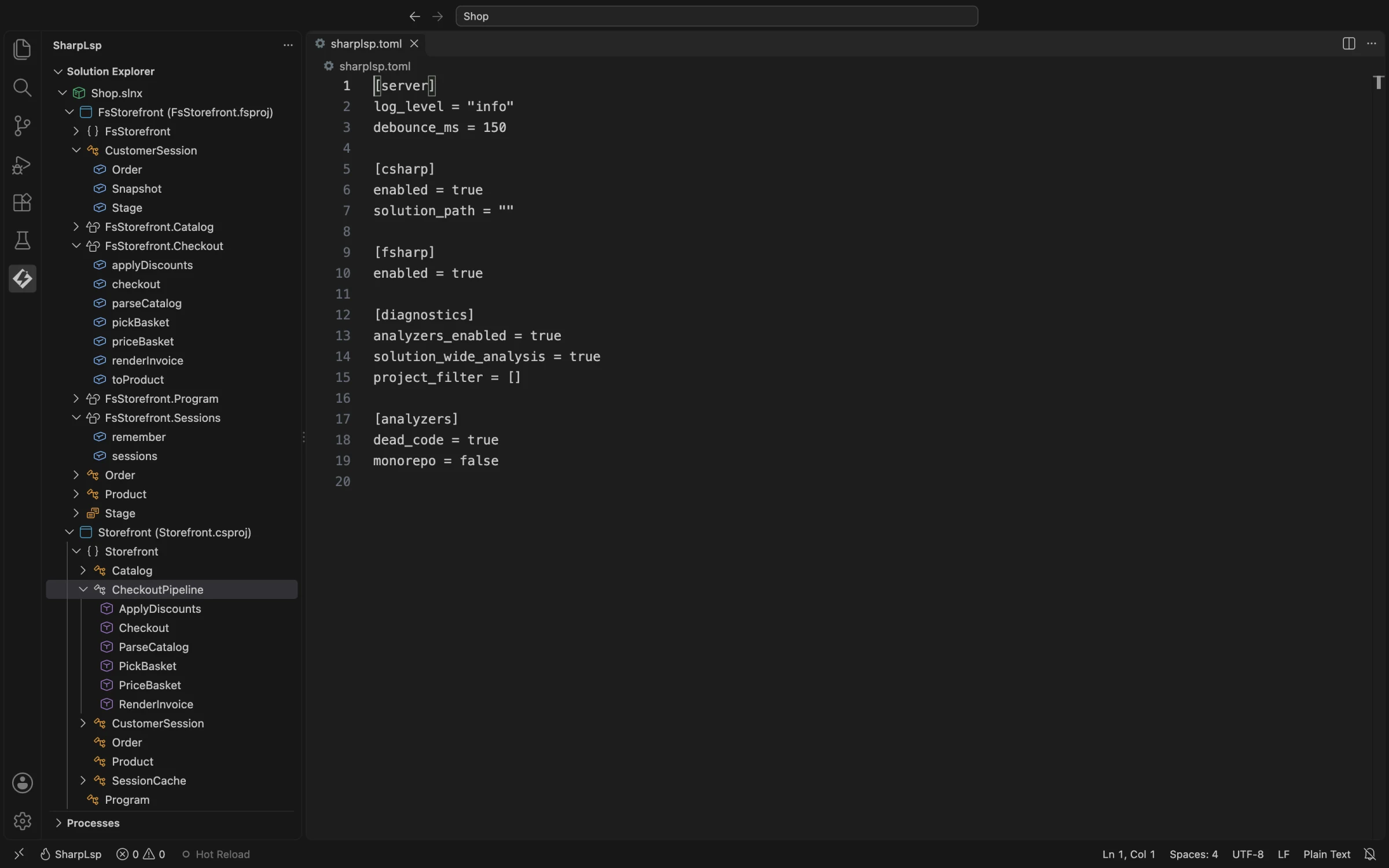 sharplsp.toml open beside the Shop solution, with its server, csharp, fsharp, diagnostics and analyzers sections