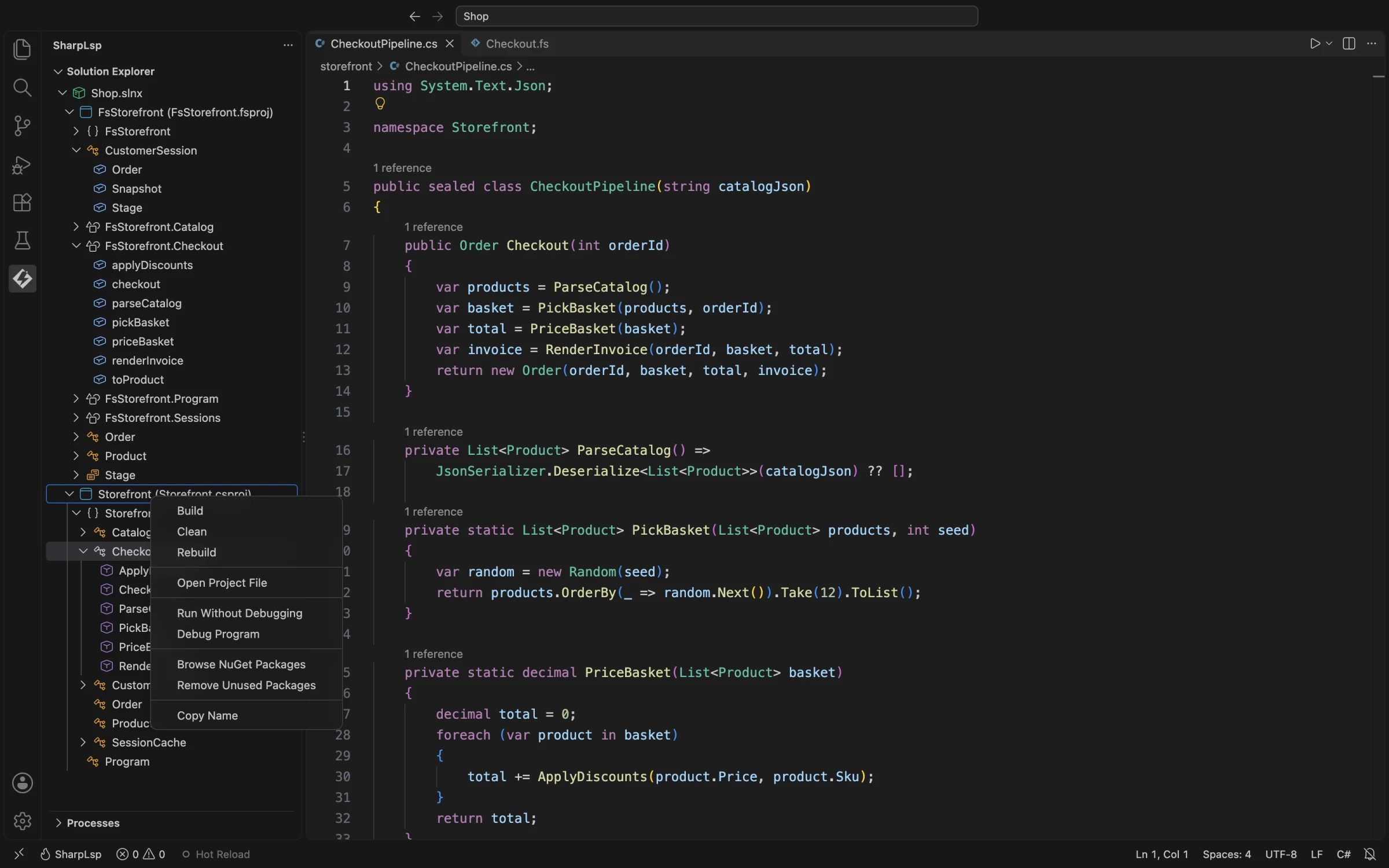 The Solution Explorer context menu on a C# project: Build, Clean, Rebuild, Open Project File, Run Without Debugging, Debug Program, Browse NuGet Packages, Remove Unused Packages and Copy Name