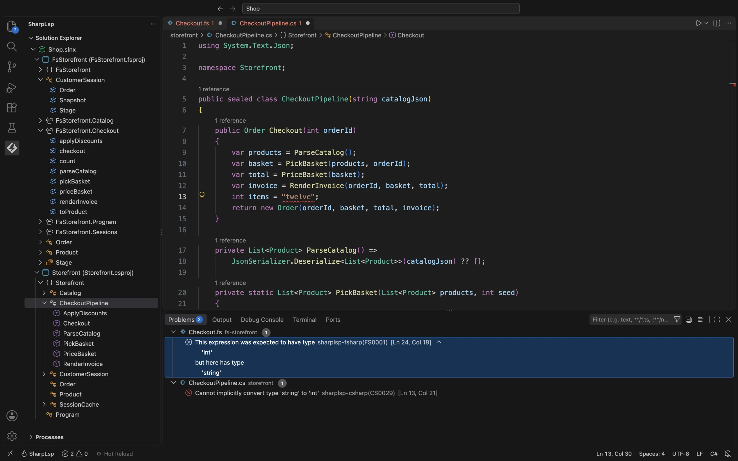 问题面板：来自未保存编辑的 F# Compiler Service F# 类型错误和 Roslyn C# CS0029 错误