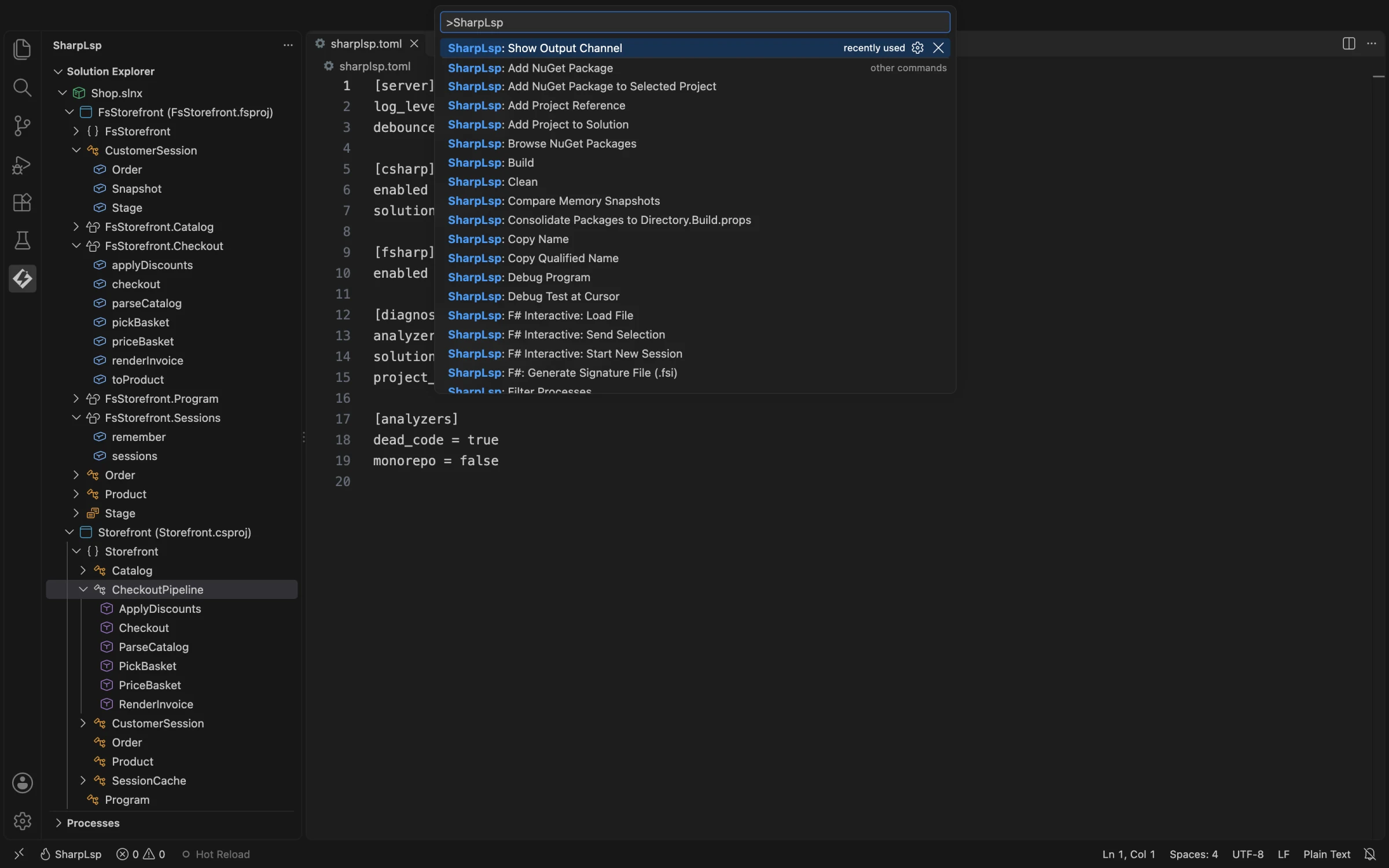 The VS Code Command Palette filtered to SharpLsp, listing the extension's NuGet, build, F# Interactive, debugging and profiler commands