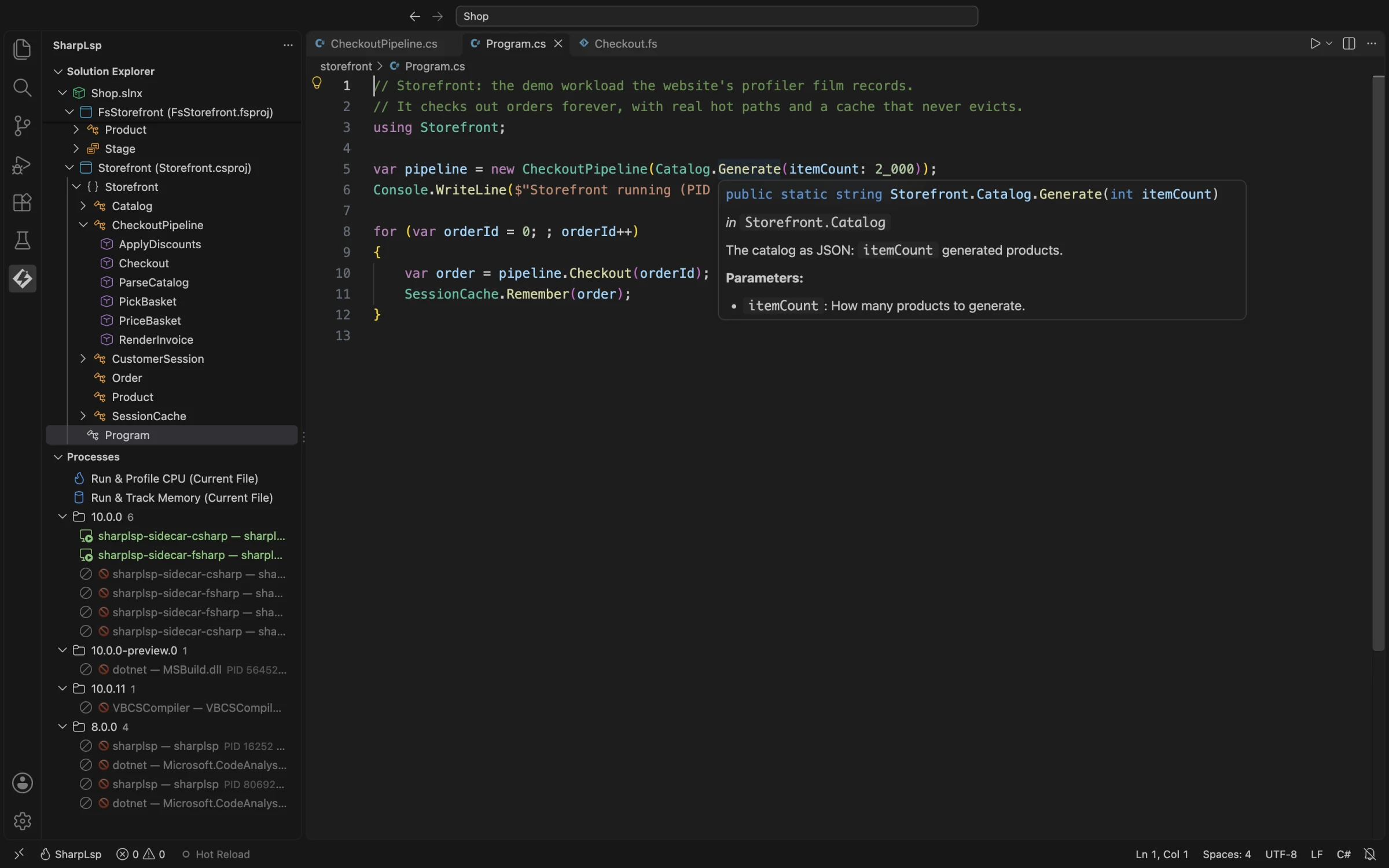 A C# hover on Catalog.Generate showing its signature and rendered XML documentation