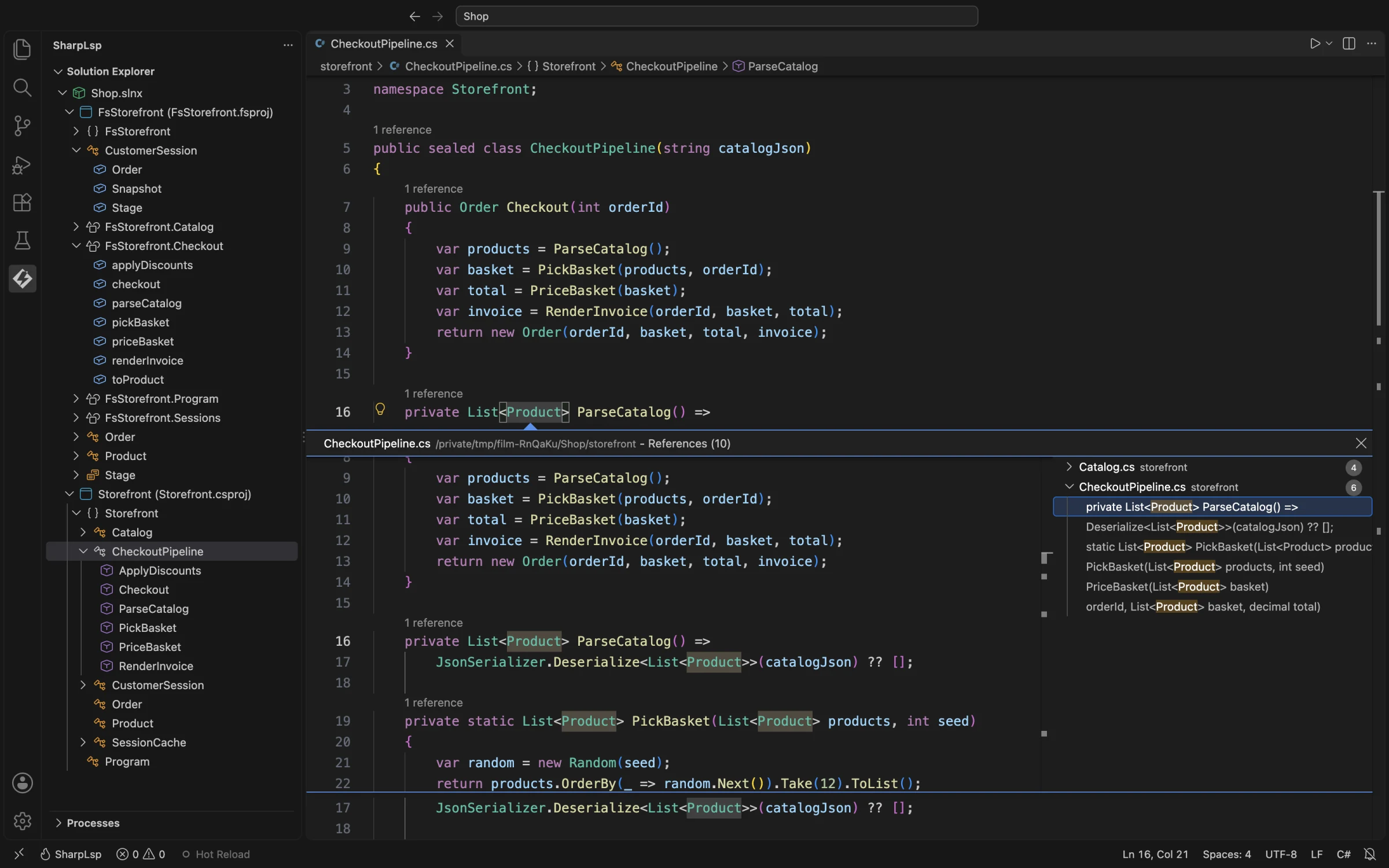 CheckoutPipeline.cs の Product レコードに対するすべての参照の検索。ピークウィンドウにすべての使用箇所が並ぶ