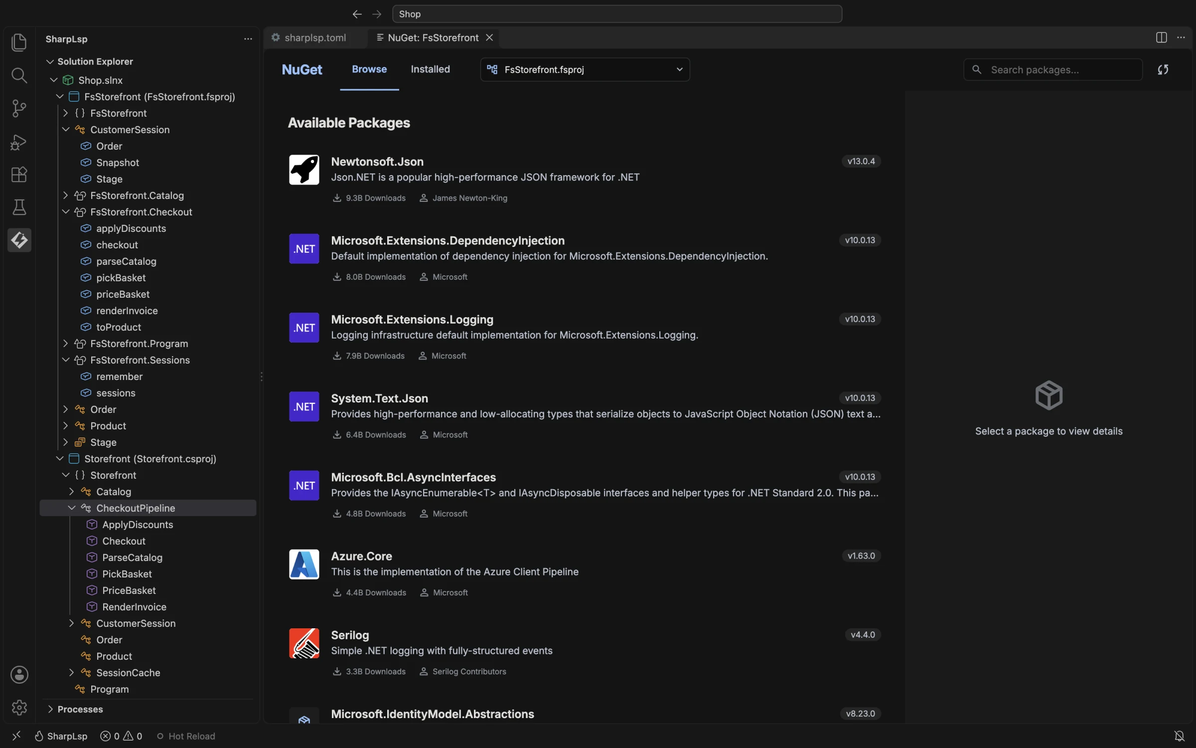 The SharpLsp NuGet browser open on the F# project FsStorefront, listing packages from nuget.org