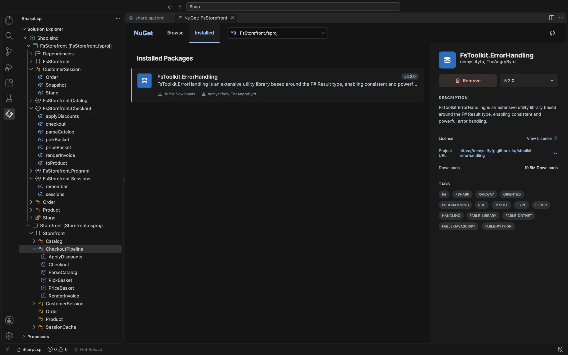 NuGet 已安装标签页显示 F# 项目 FsStorefront 中的 FsToolkit.ErrorHandling 5.2.0