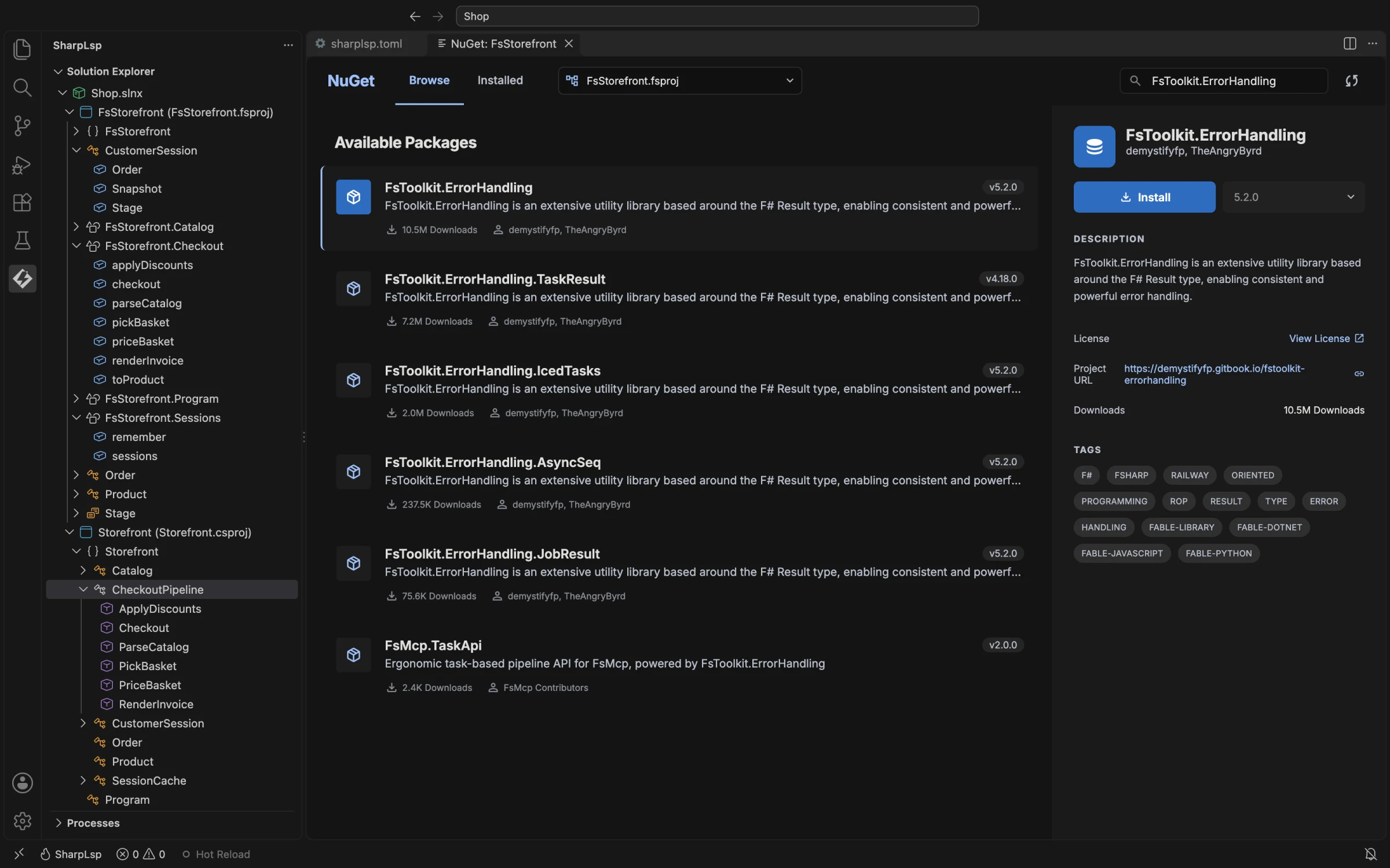 FsToolkit.ErrorHandling 的 NuGet 包详情面板，显示许可证、项目 URL、版本和安装按钮