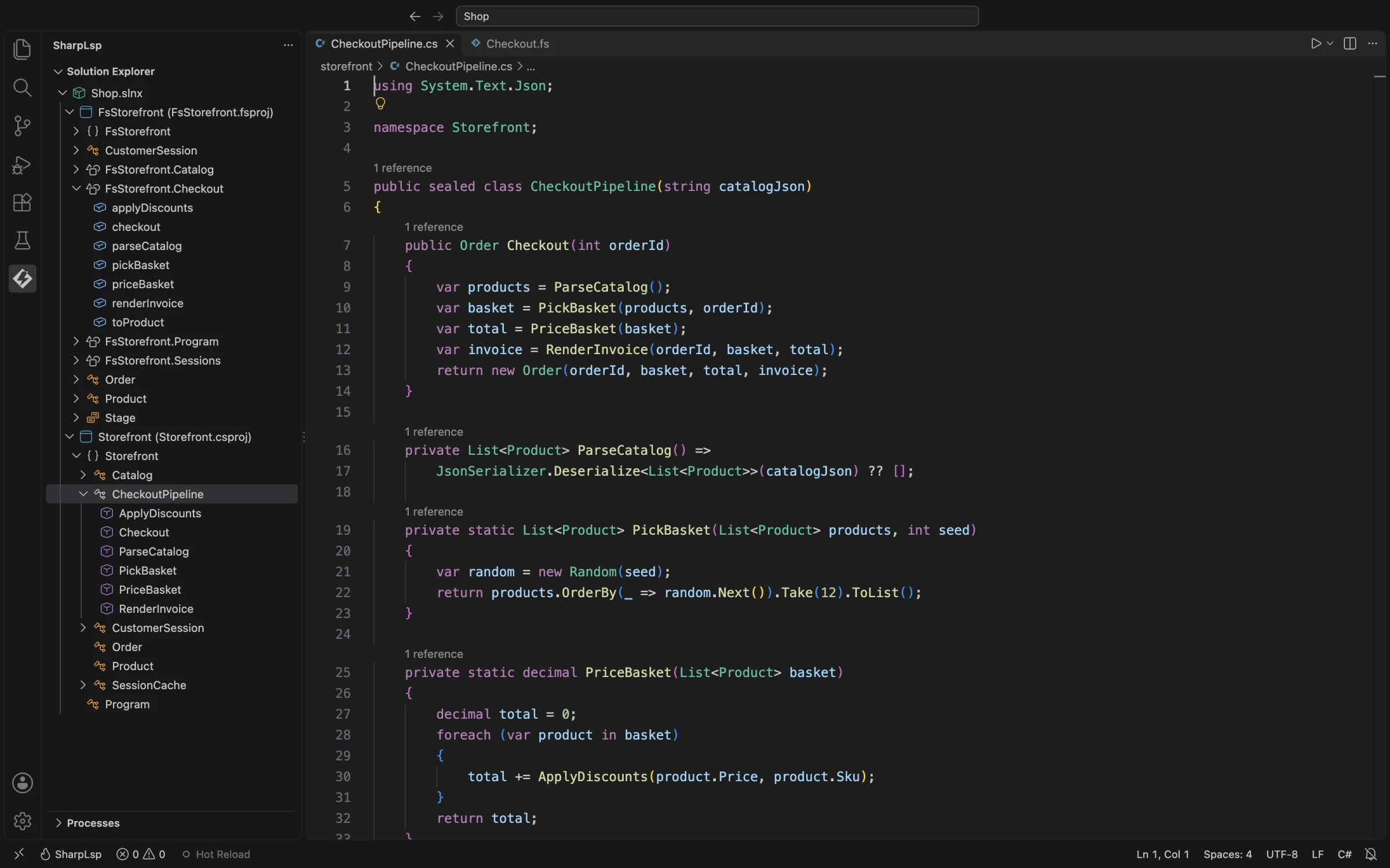 VS Code 中的 SharpLsp 解决方案资源管理器，显示 Shop.slnx 的 F# 与 C# 项目、命名空间和类型