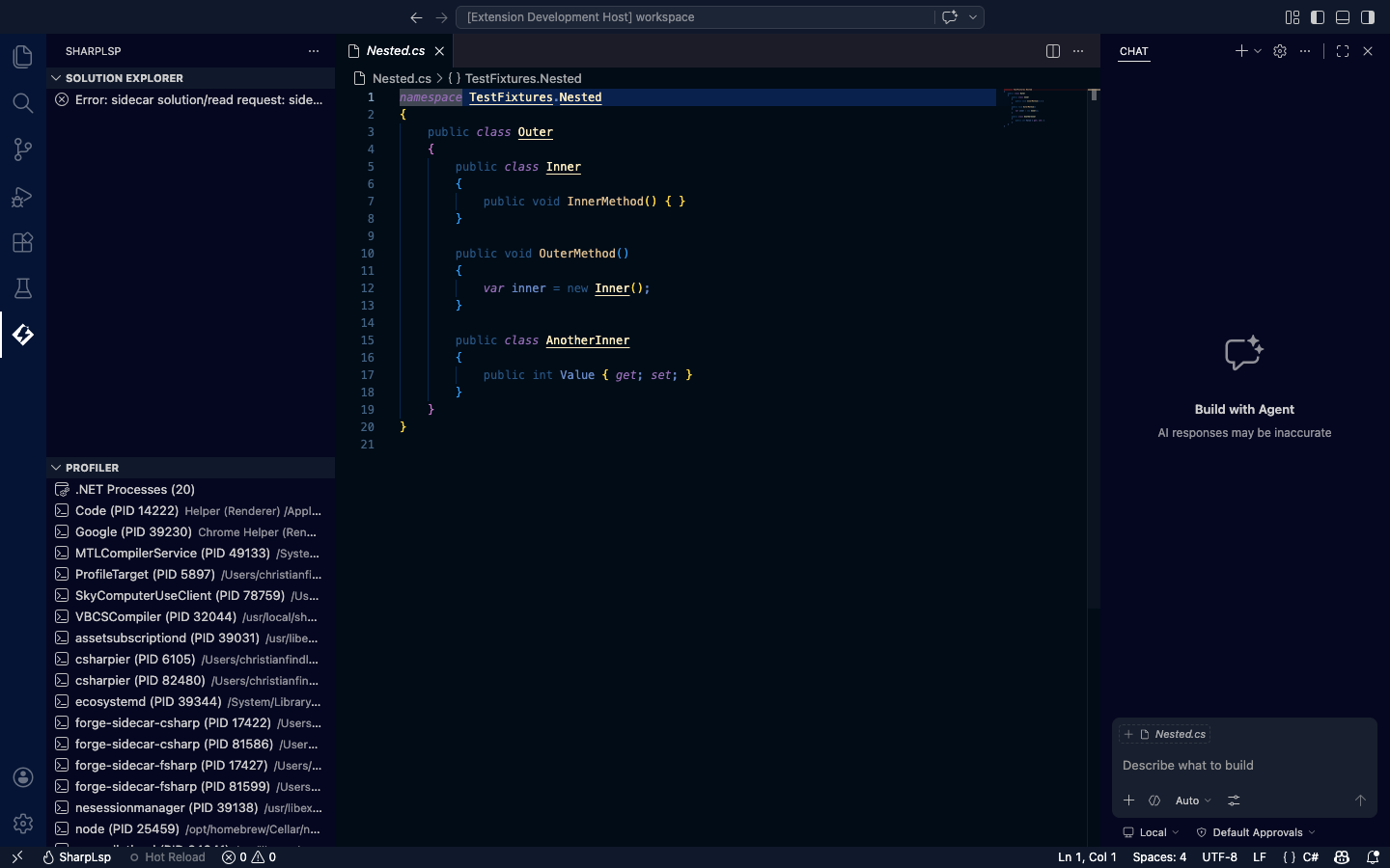 Nested classes in the solution explorer showing Outer, Inner, and AnotherInner with reference counts