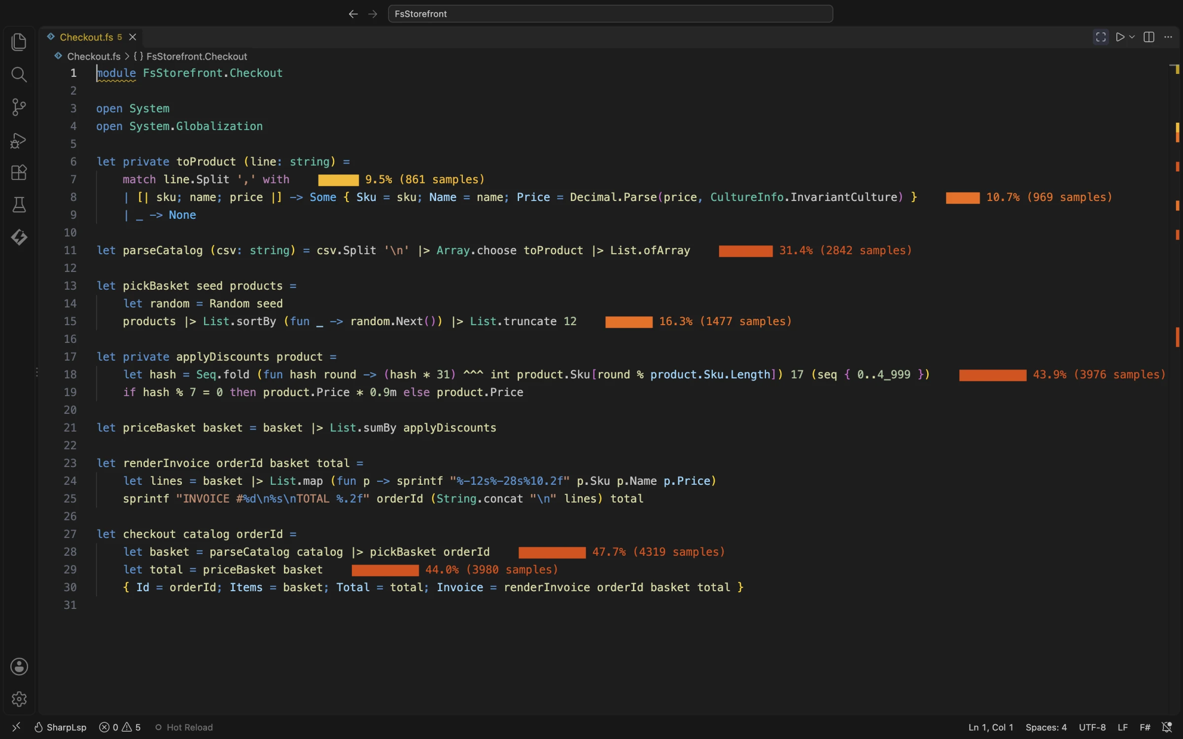 Checkout.fs with heat bars on the CSV parsing, basket shuffle and discount lines of an F# program