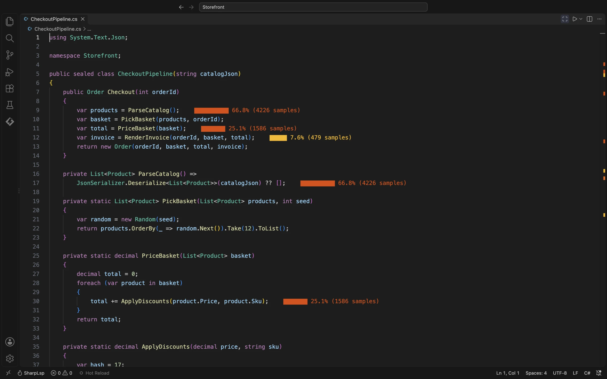 インラインのヒートバーが表示された CheckoutPipeline.cs。ParseCatalog 66.8%、PriceBasket 25.1%、RenderInvoice 7.6%