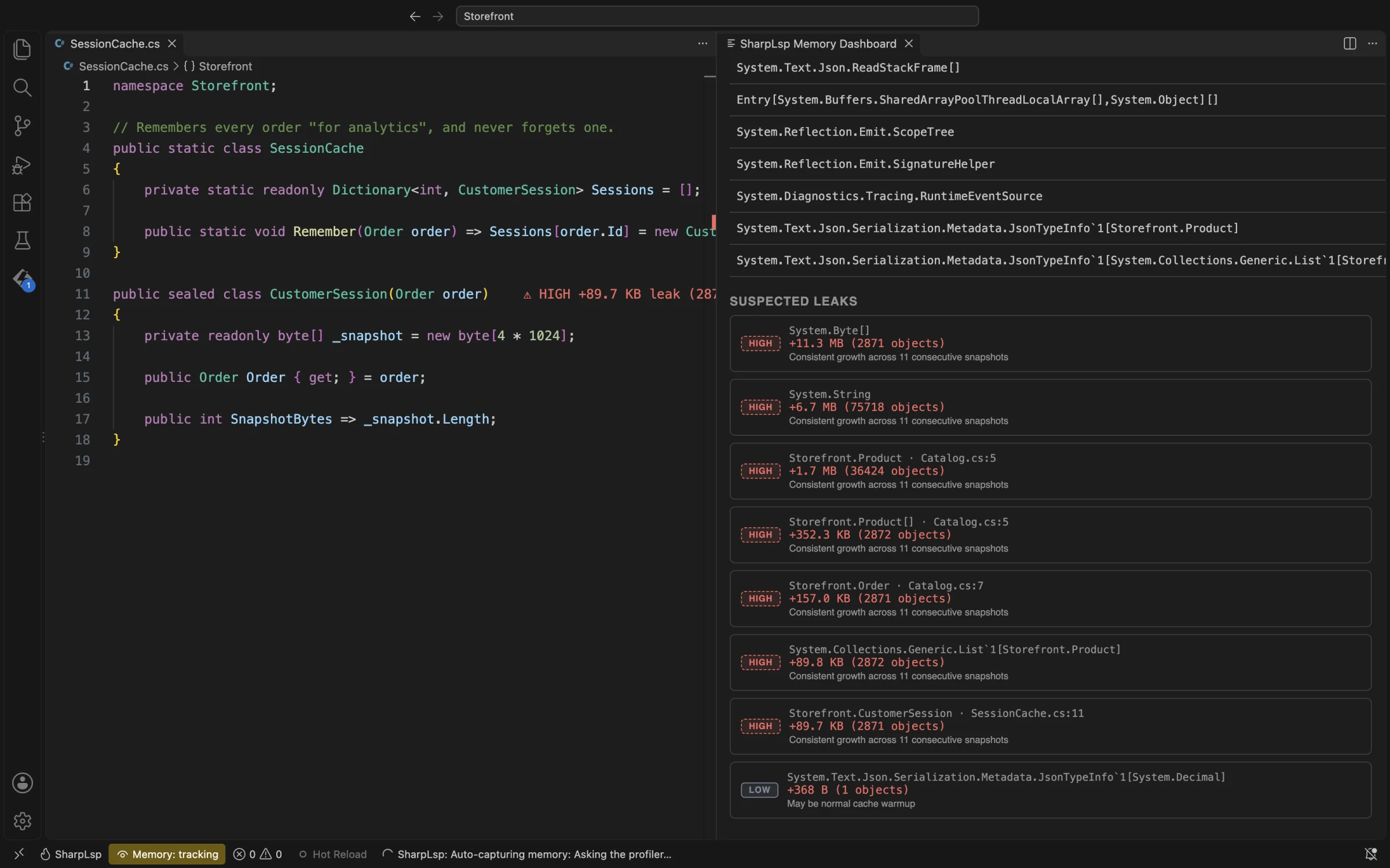 増加量のメガバイトとオブジェクト数とともに HIGH にランク付けされたリークの疑いと、SessionCache.cs の CustomerSession 宣言に表示されたインラインの HIGH リークマーカー