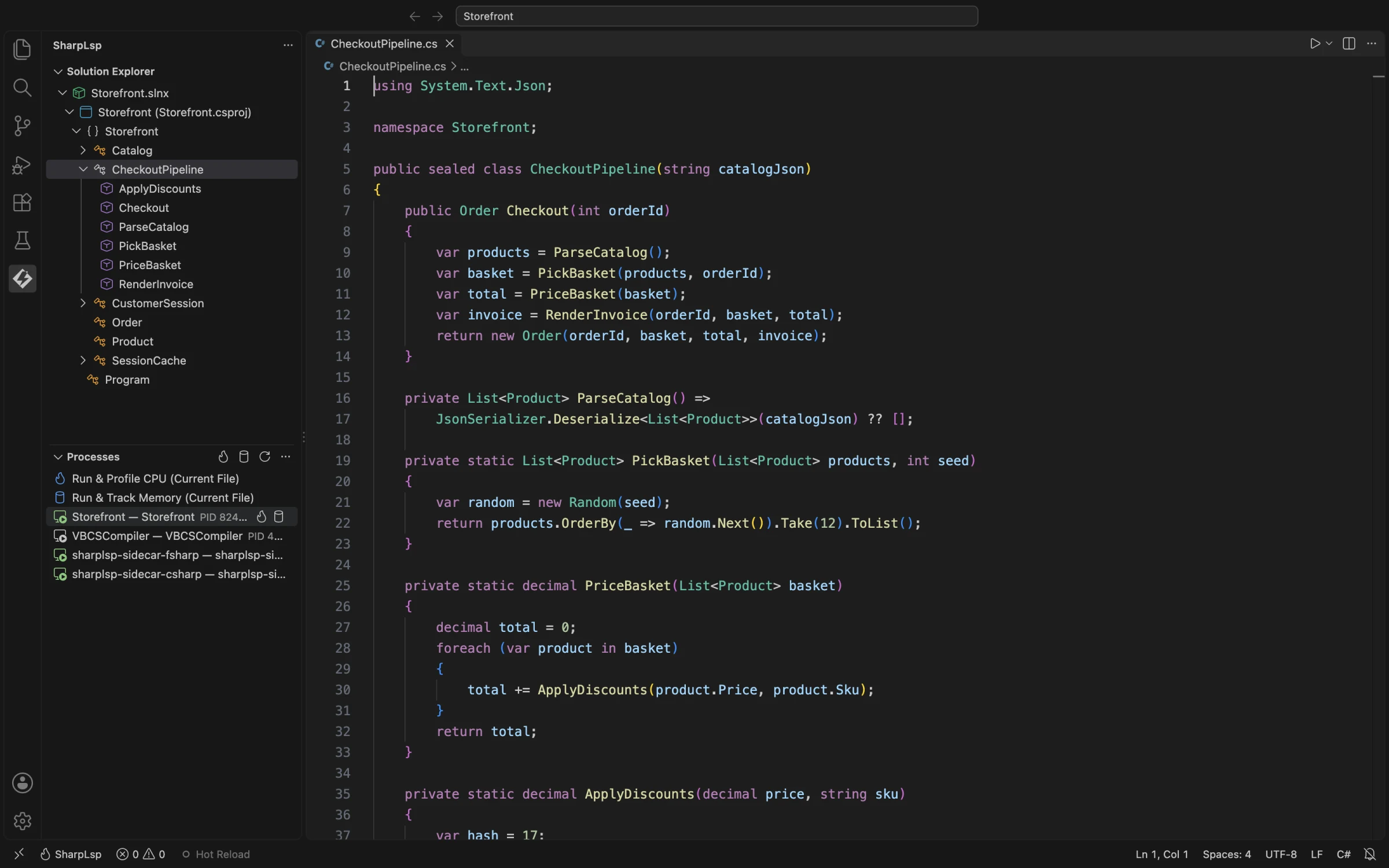 SharpLsp サイドバーの Processes ビュー。実行中の Storefront .NET プロセスと Profile CPU、Track Memory のアクションが表示されている