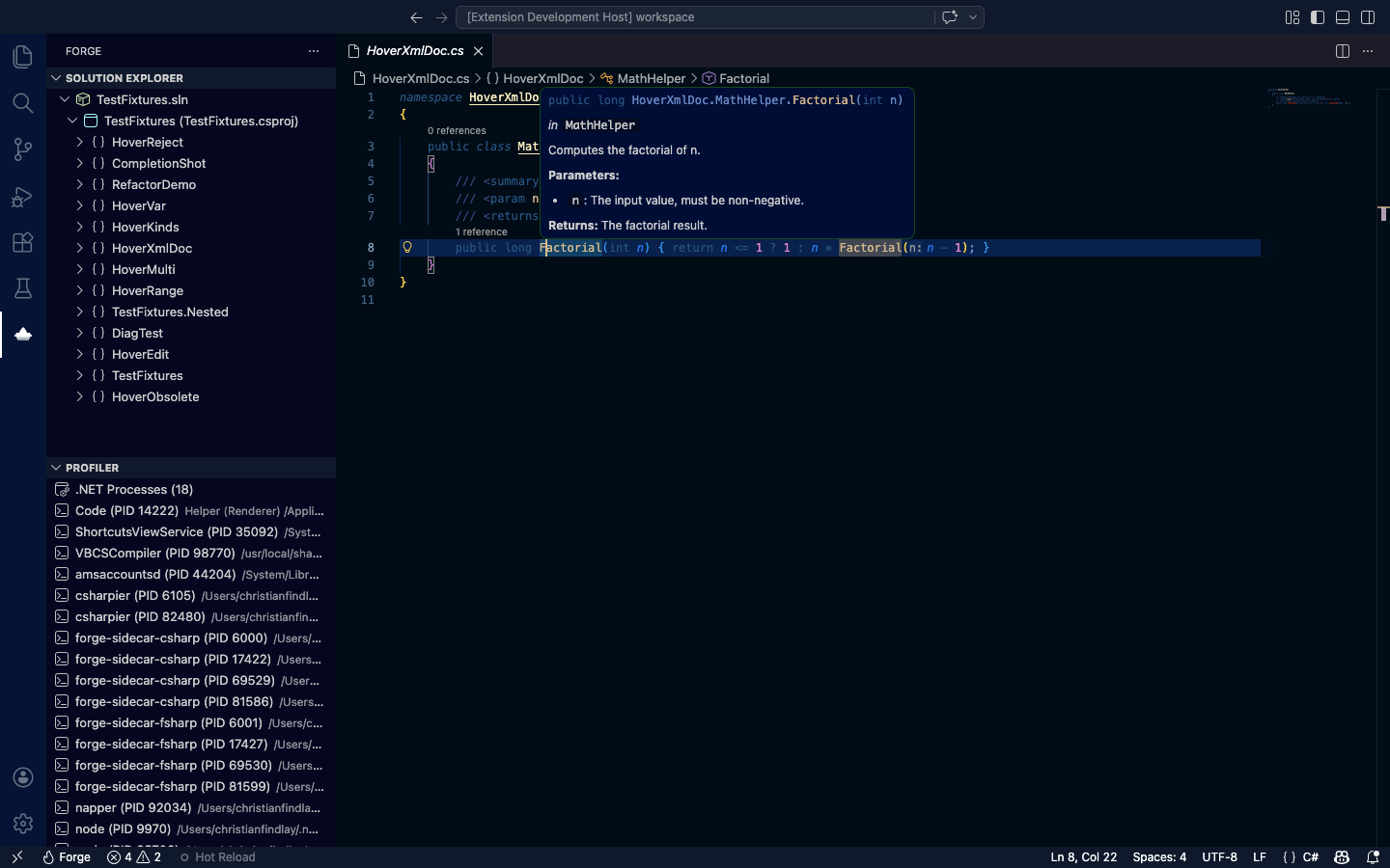 SharpLsp showing hover documentation and solution explorer in VS Code