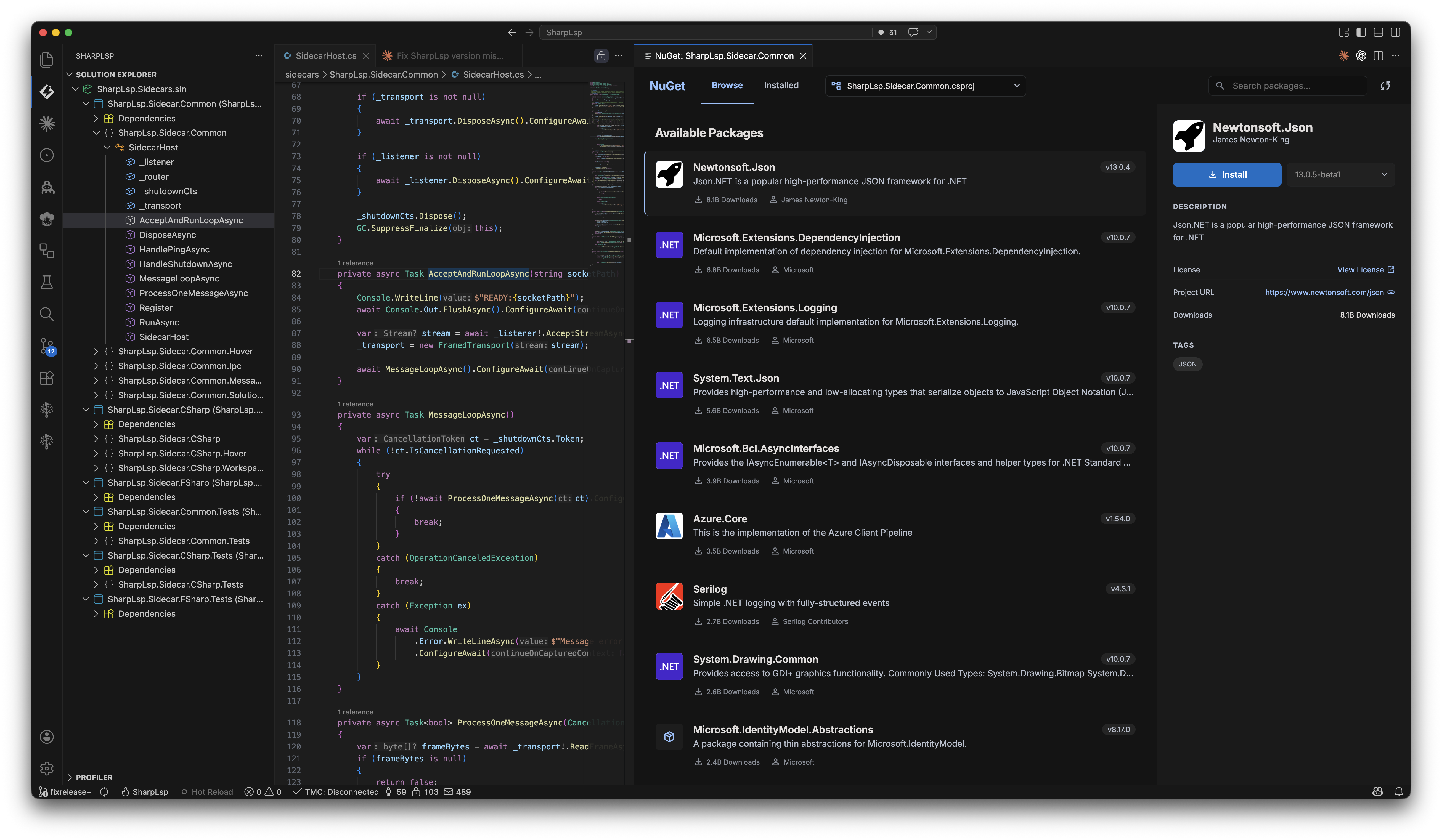 SharpLsp running a full .NET solution in VS Code with C# navigation, solution explorer, and a graphical NuGet package manager